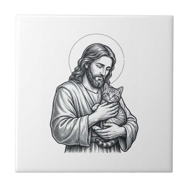 Vintage Jesus Holding Cat Engraving Graphic_1 Tile (Front)