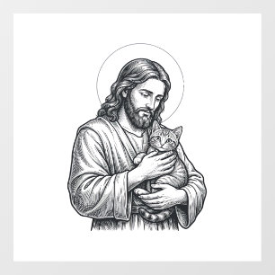 Vintage Jesus Holding Cat Engraving Graphic_1 Window Cling