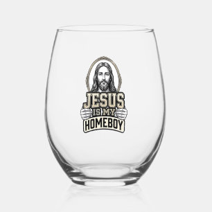 Vintage Jesus Is My Homeboy Engraved Vector Design Stemless Wine Glass