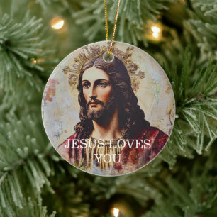Vintage Jesus Loves You Ceramic Tree Decoration