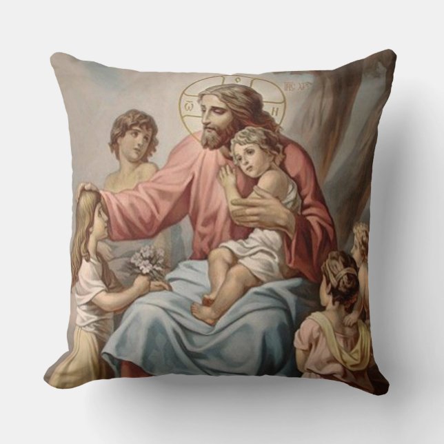 Vintage Jesus with Children Boys Girls Cushion (Front)