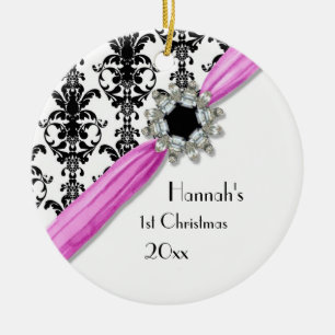 Vintage Jewel Buckle Black White Damask Ribbon Ceramic Tree Decoration