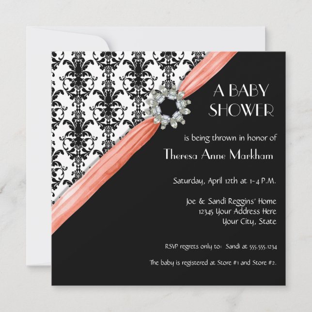 Vintage Jewel Buckle Black White Damask Ribbon Invitation (Front)