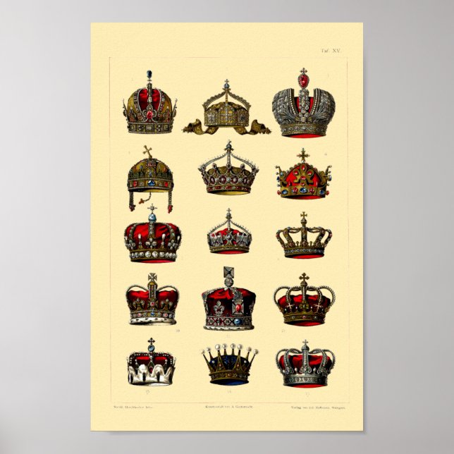 Vintage Jewelled Crowns Illustrations Poster (Front)