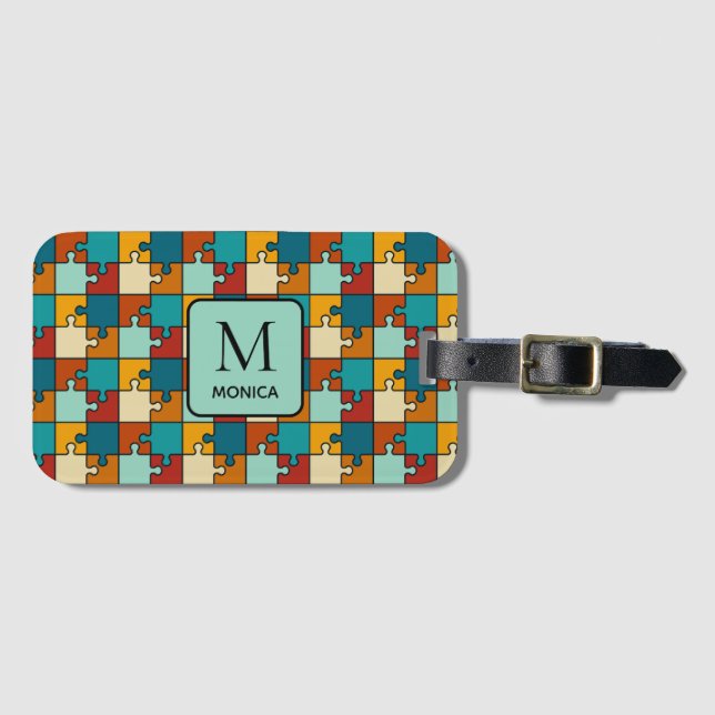 Vintage Jigsaw Puzzle Pieces Monogram  Luggage Tag (Front Horizontal)