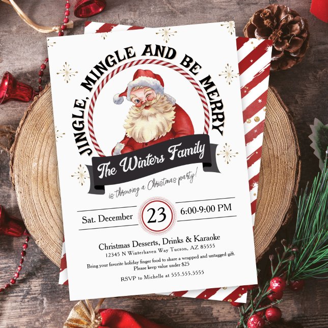 Vintage Jingle Mingle Be Merry Christmas Party Invitation (Unique Jingle Mingle and Be Merry Family Office Corporate Christmas Party Invitation Vintage Santa)