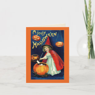 Vintage Jolly Halloween Girl Witch Card