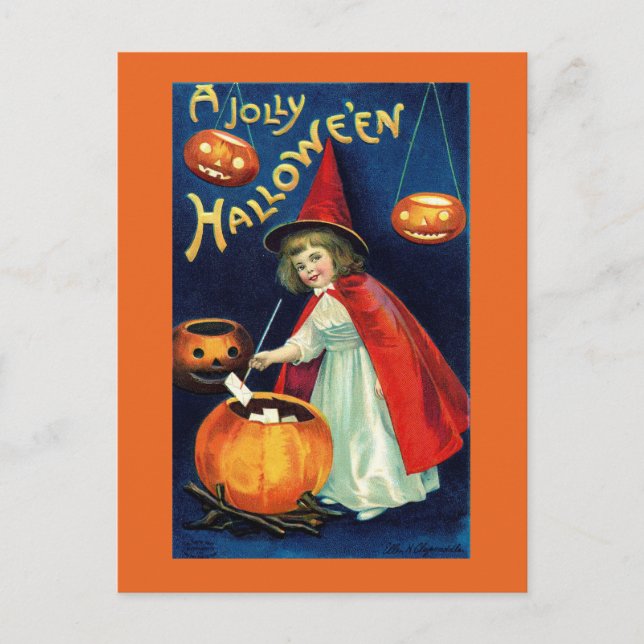 Vintage Jolly Halloween Girl Witch Postcard (Front)