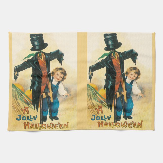 Vintage Jolly Halloween Scarecrow Ellen Clapsaddle Tea Towel (Horizontal)