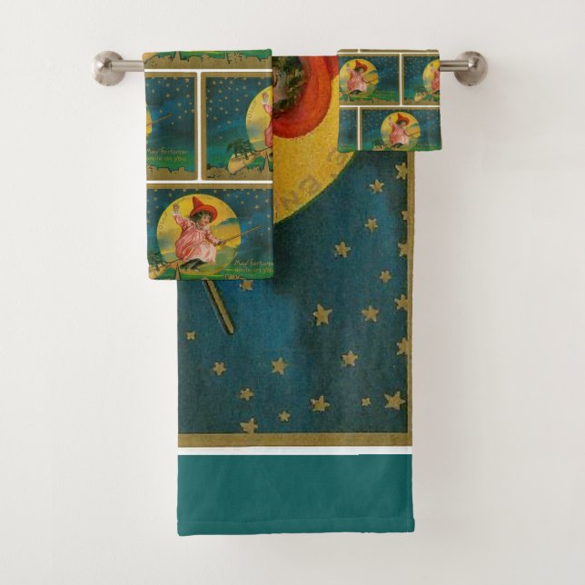 Vintage Jolly Halloween Witch Bath Towel Set (Insitu)