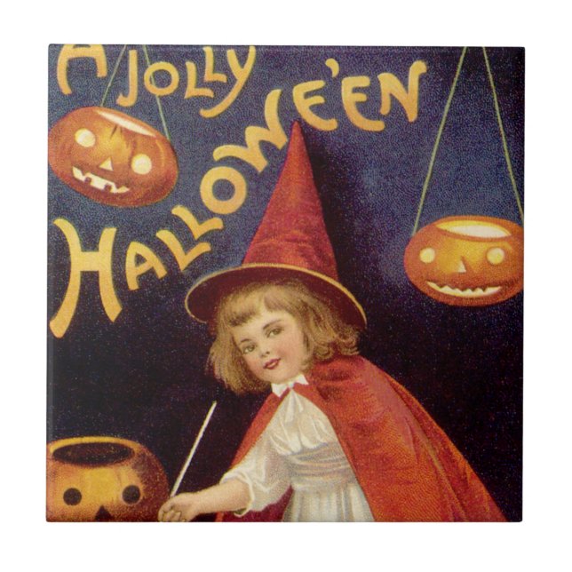Vintage Jolly Halloween Witch by Ellen Clapsaddle Tile (Front)