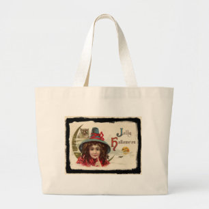 Vintage Jolly Halloween Witch Large Tote Bag