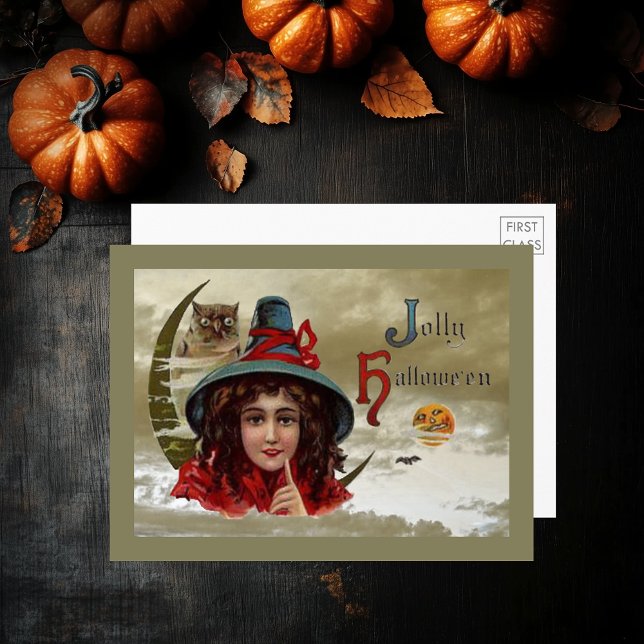 Vintage Jolly Halloween Witch & Owl Large Postcard (Vintage Jolly Halloween Witch & Owl Large Postcard)