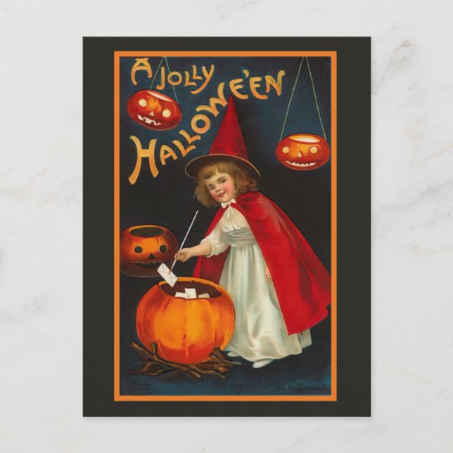 Vintage Jolly Halloween Witch Postcard (Front)