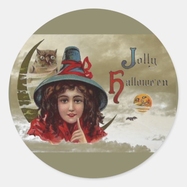 Vintage Jolly Halloween Witch Round Sticker (Front)