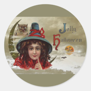 Vintage Jolly Halloween Witch Round Sticker