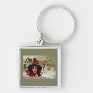 Vintage Jolly Halloween Witch Square Key Chain