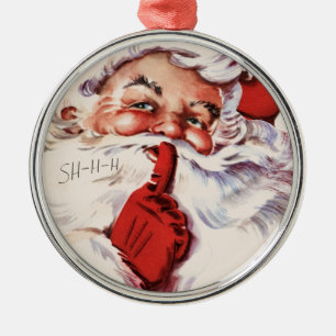 Vintage Jolly Old Santa Shhh Beige Metal Tree Decoration