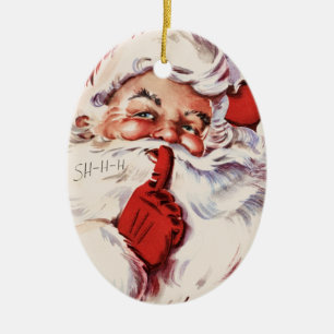 Vintage Jolly Old Santa Shhh Beige Oval Ornament
