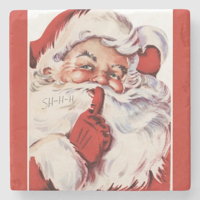 Vintage Jolly Old Santa Shhh Red Stone Coaster (Front)