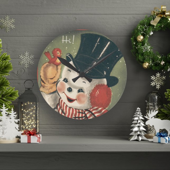 Vintage Jolly Snowman Retro Holiday Round Clock (Vintage Jolly Snowman Retro Holiday Round Clock)
