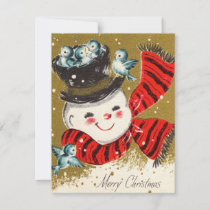 Vintage Jolly Snowman With Birds Holiday Card