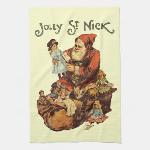 Vintage Jolly St. Nick Santa Claus Victorian Art Tea Towel