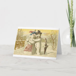 Vintage Joyeux Noel Snowman & Woman Card