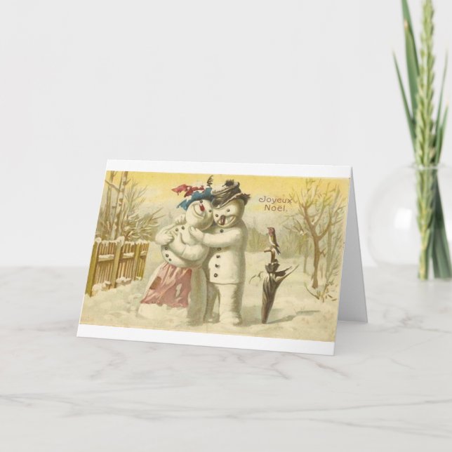 Vintage Joyeux Noel Snowman & Woman Card (Front)