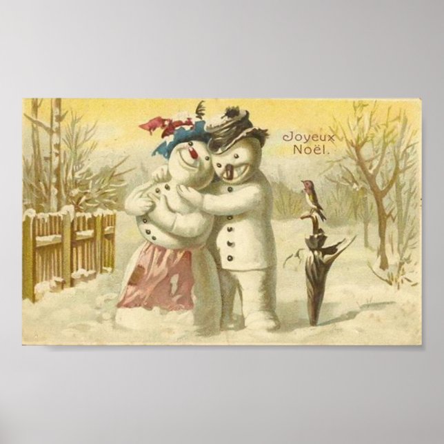 Vintage Joyeux Noel Snowman & Woman Card Poster (Front)