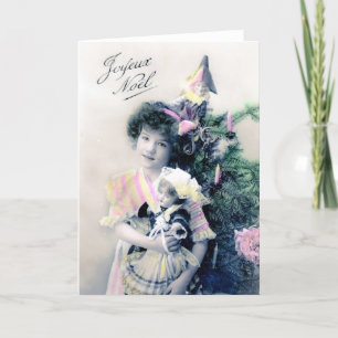 Vintage Joyeux Noël with Girl and Doll Holiday Card