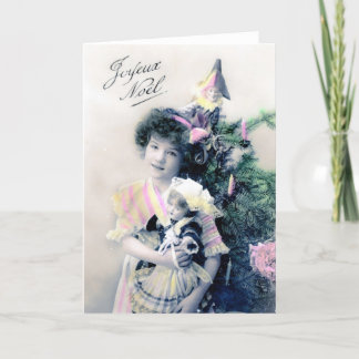Vintage Joyeux Noël with Girl and Doll Holiday Card