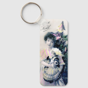 Vintage Joyeux Noël with Girl and Doll Key Ring