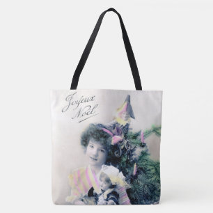 Vintage Joyeux Noël with Girl and Doll Tote Bag