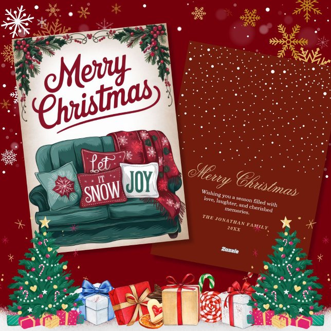 Vintage Joyful Sofa Christmas Greetings Holiday Card (Creator Uploaded)
