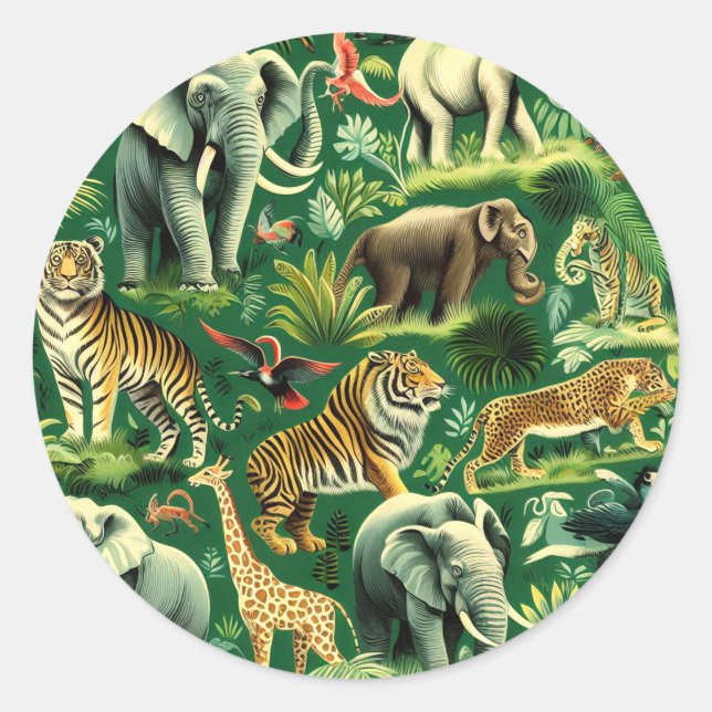 Vintage Jungle Animals Pattern Classic Round Sticker (Front)