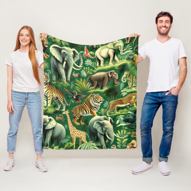 Vintage Jungle Animals Pattern Fleece Blanket (In Situ)