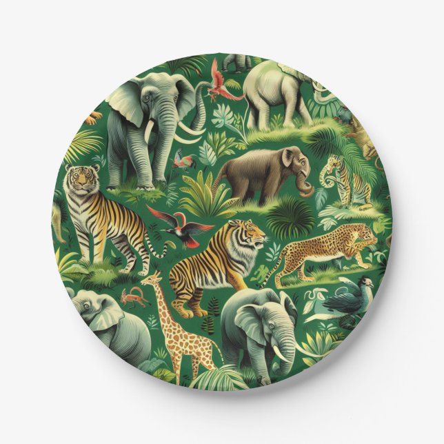 Vintage Jungle Animals Pattern Paper Plate (Front)