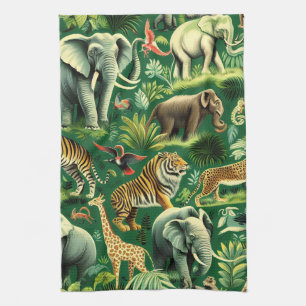Vintage Jungle Animals Pattern Tea Towel