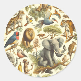 Vintage Jungle Animals Watercolor Classic Round Sticker