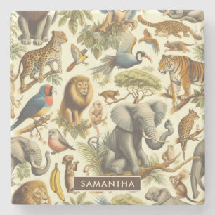 Vintage Jungle Animals Watercolor Stone Coaster