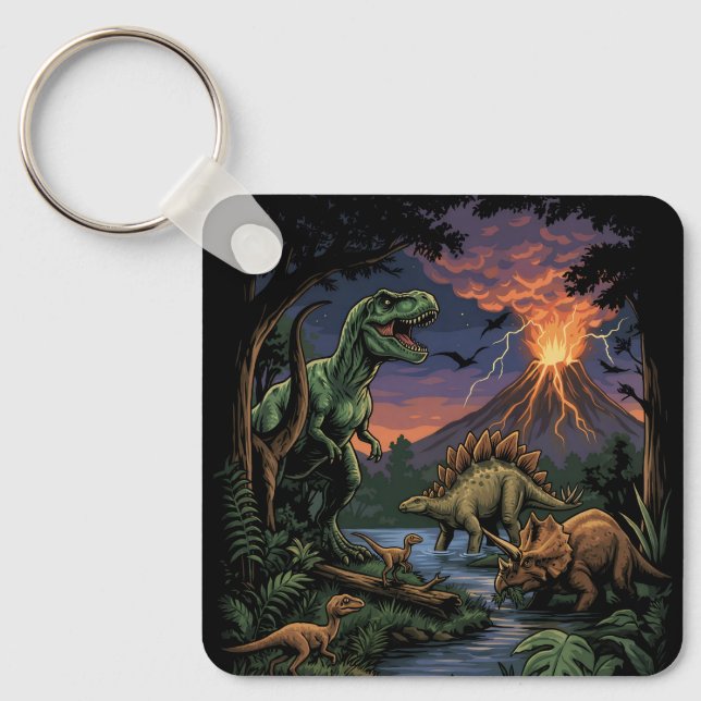 Vintage Jurassic Dinosaur Rex and Triceratops  Key Ring (Front)