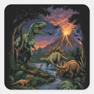Vintage Jurassic Dinosaur Rex and Triceratops Square Sticker