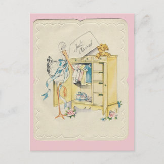 Vintage "Just Arrived" Baby with Stork Postcard