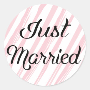 Vintage Just Married Pink & White Stripes Wedding Classic Round Sticker