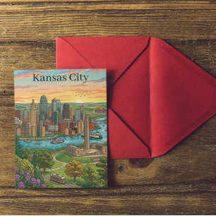 Vintage Kansas City Skyline Travel Art Postcard
