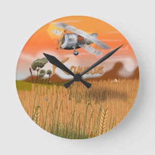 "Vintage Kansas Wheat field Travel Poster" "kansas Round Clock
