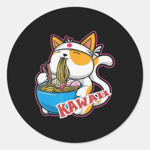 vintage kawaii cat eating ramen anime retro Japane Classic Round Sticker