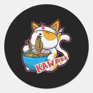 vintage kawaii cat eating ramen anime retro Japane Classic Round Sticker