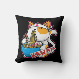 vintage kawaii cat eating ramen anime retro Japane Cushion